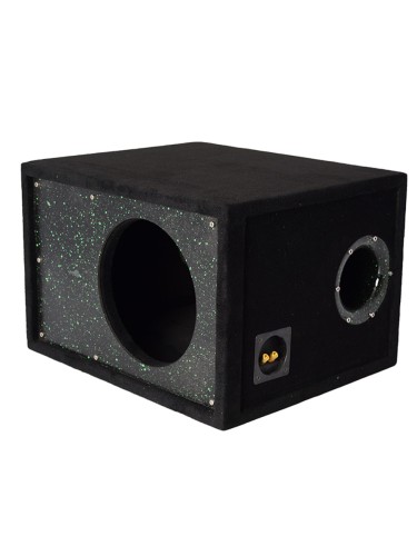 Короб под сабвуфер люкс 10" (25см) с трубой "искра зеленая на черном" (К.8.8)