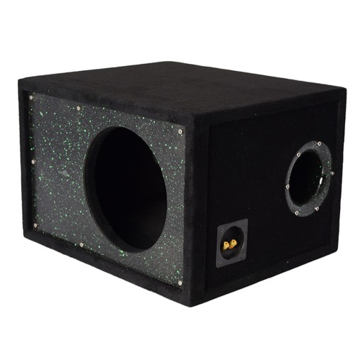 Короб под сабвуфер люкс 10" (25см) с трубой "искра зеленая на черном" (К.8.8)