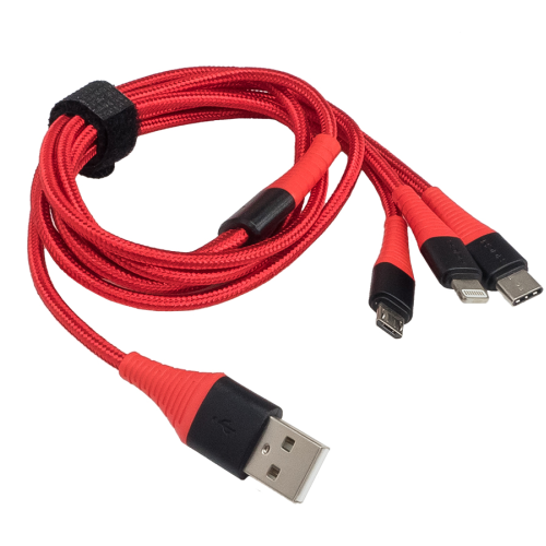 Кабель питания 3 в 1 USB-microUSB,USB Type-C,Lighting AuRa TPC-U32R 1.2м красный тканевый