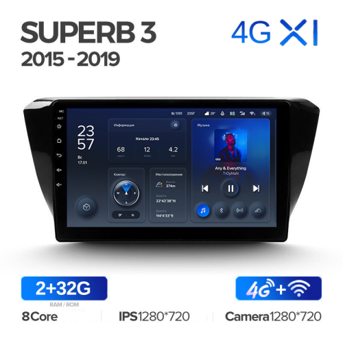 Штатная магнитола Teyes X1 Wi-Fi + 4G Skoda Superb 3 2015-2019